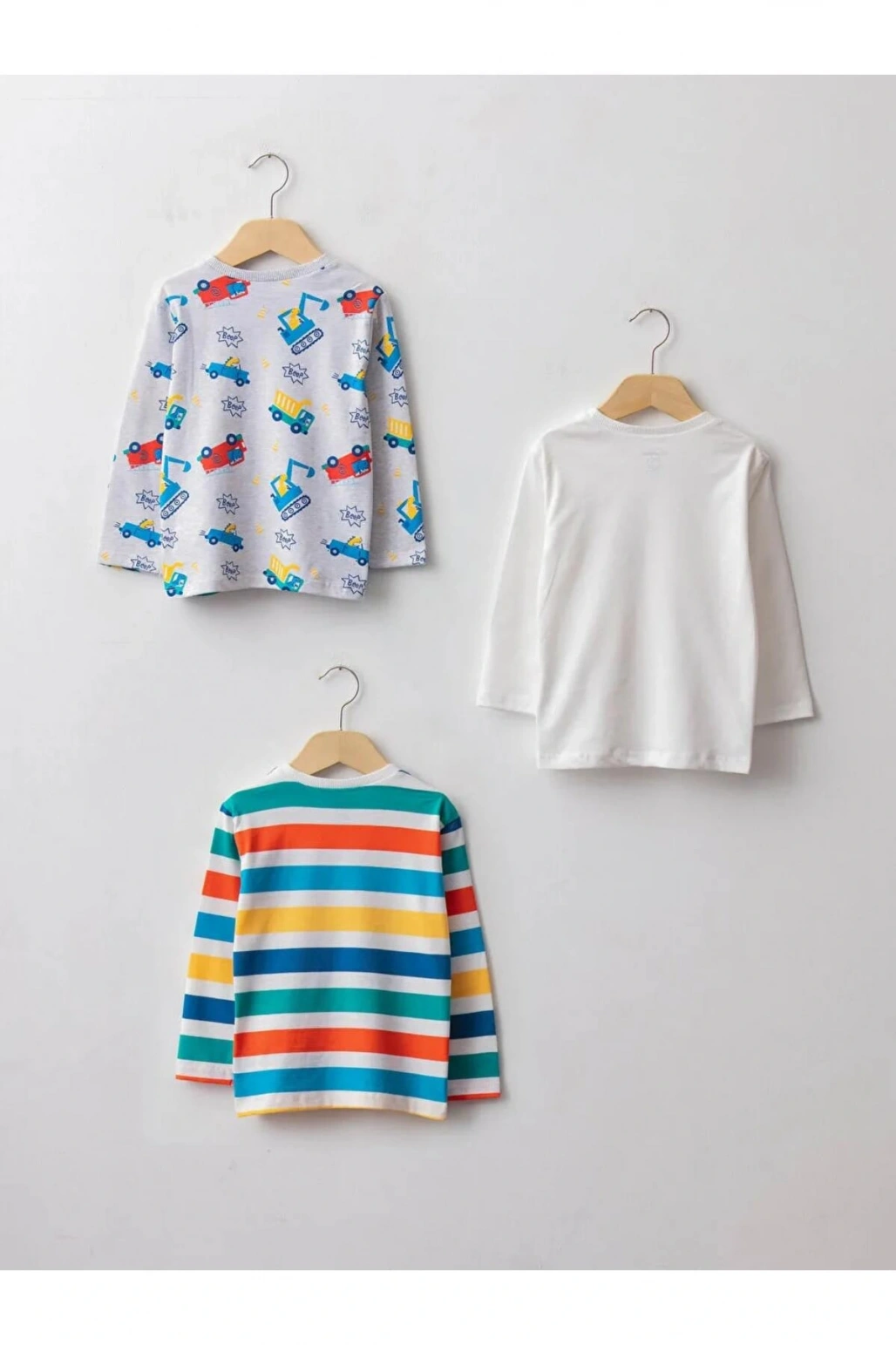 LCW baby Ekru Bisiklet Yaka Uzun Kollu Baskılı Pamuklu Erkek Bebek Tişört 3lü