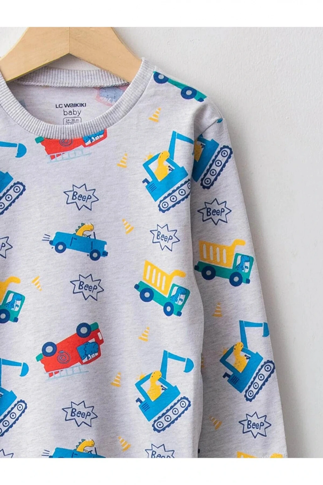 LCW baby Ekru Bisiklet Yaka Uzun Kollu Baskılı Pamuklu Erkek Bebek Tişört 3lü