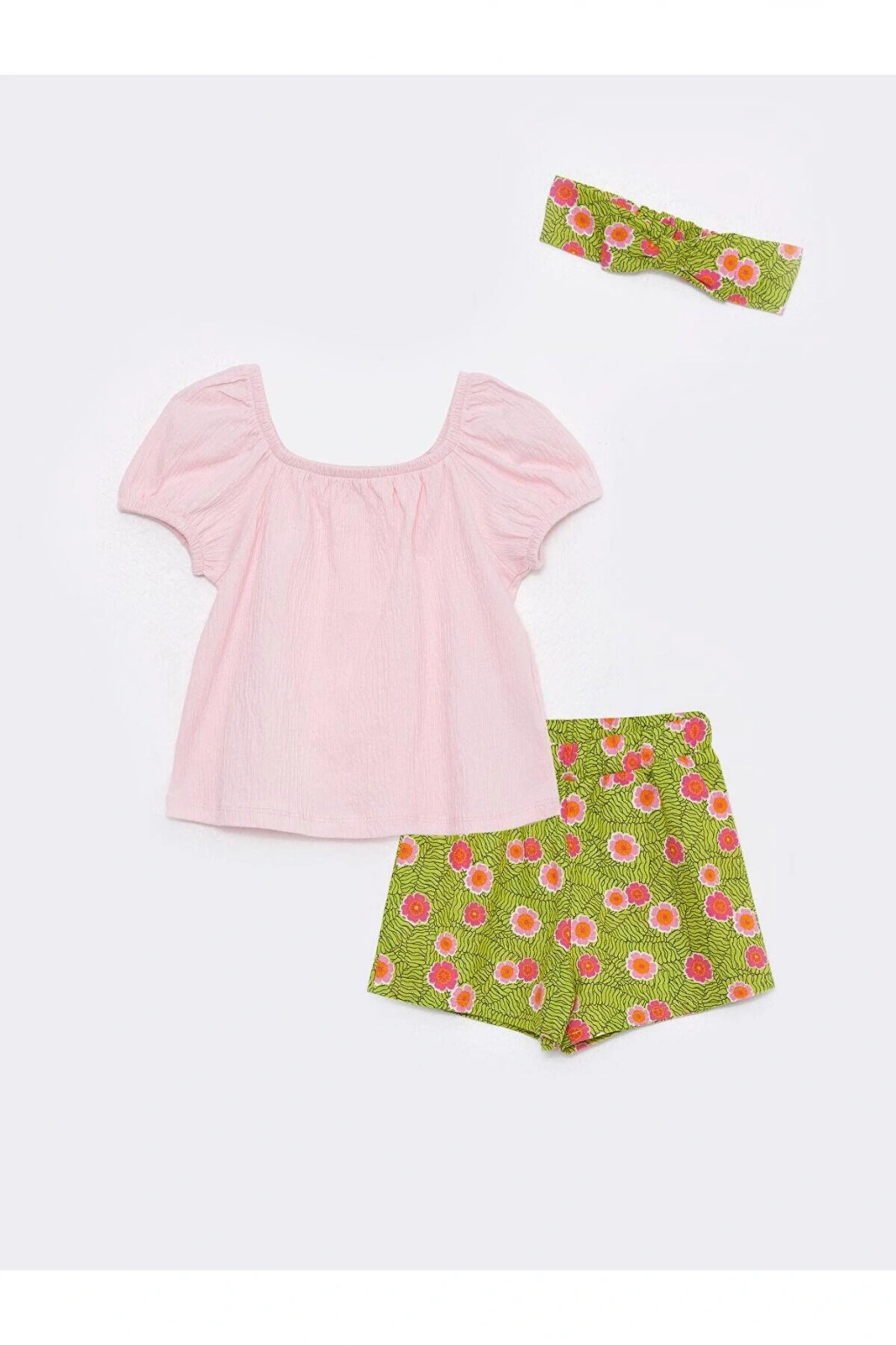 LCW baby Kare Yaka Kısa Kollu Kız Bebek 3lü Takım