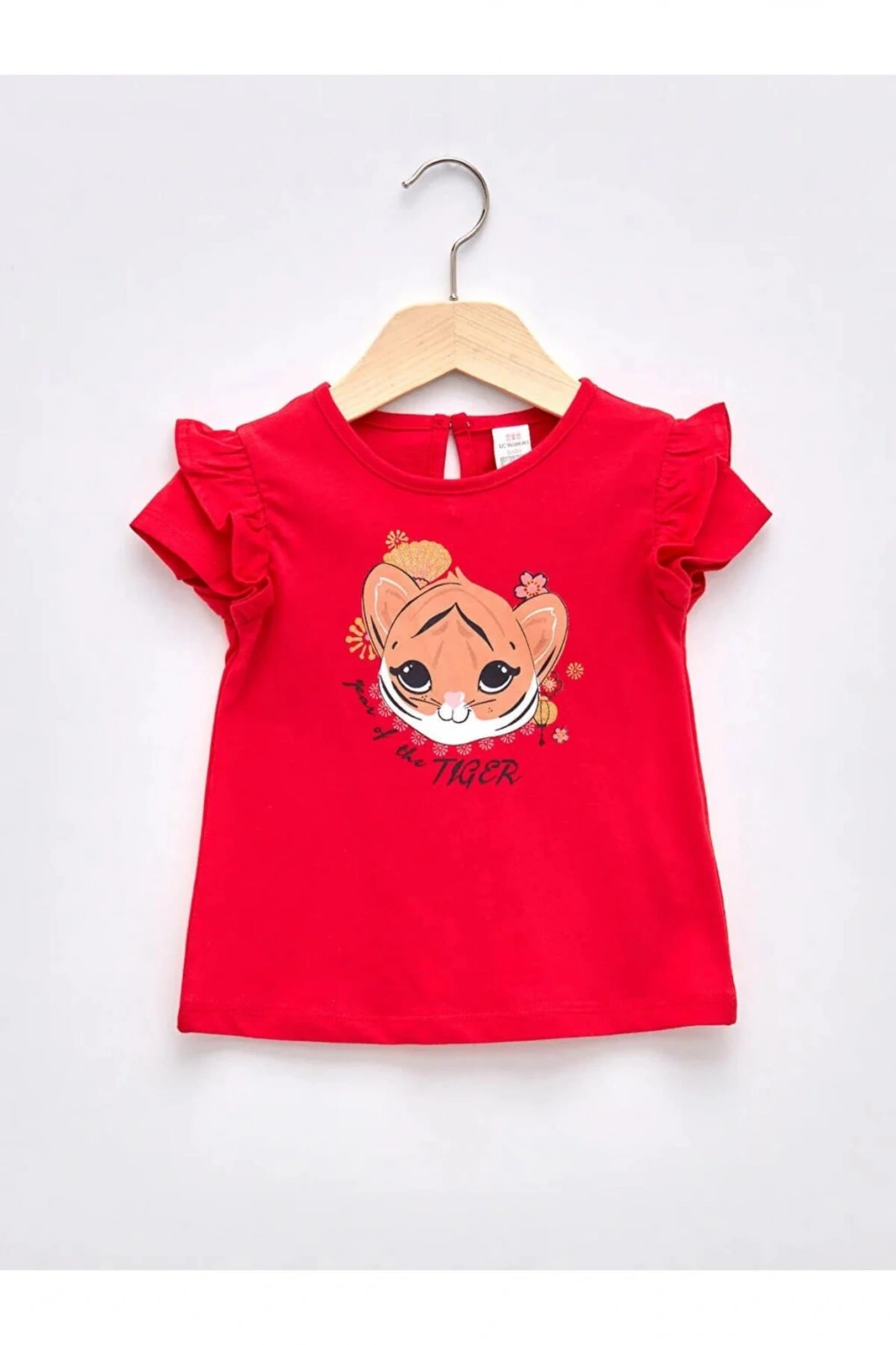 LCW baby Kırmızı Bisiklet Yaka Kısa Kol Baskılı Kız Bebek Tişört
