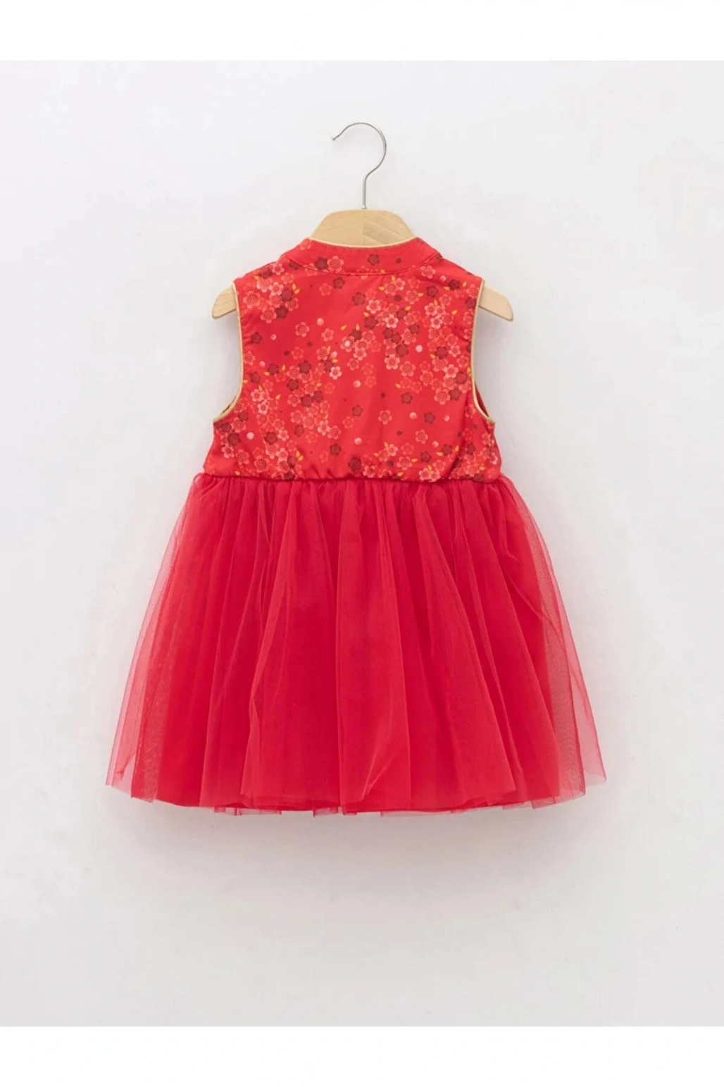 LCW baby Kırmızı Dik Yaka Desenli Kız Bebek Tül Etekli Elbise