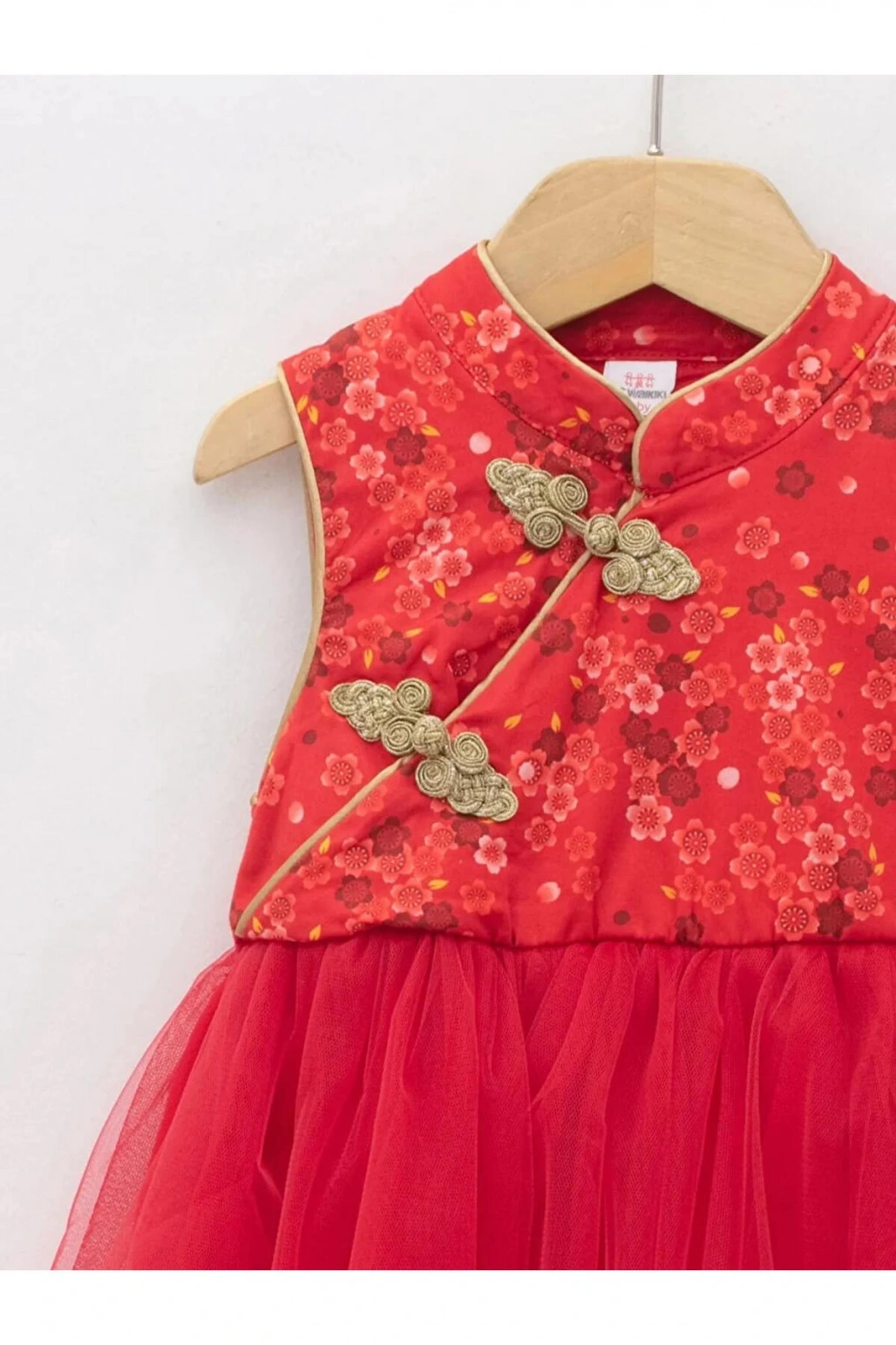 LCW baby Kırmızı Dik Yaka Desenli Kız Bebek Tül Etekli Elbise