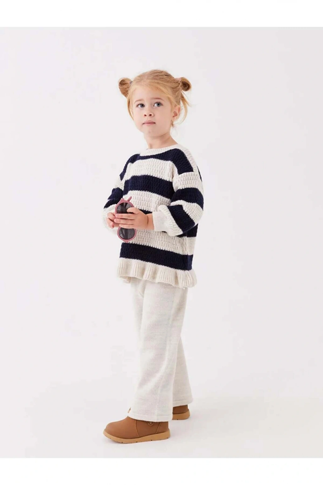 LCW baby Lacivert Bisiklet Yaka Kız Bebek Triko Kazak ve Pantolon 2li