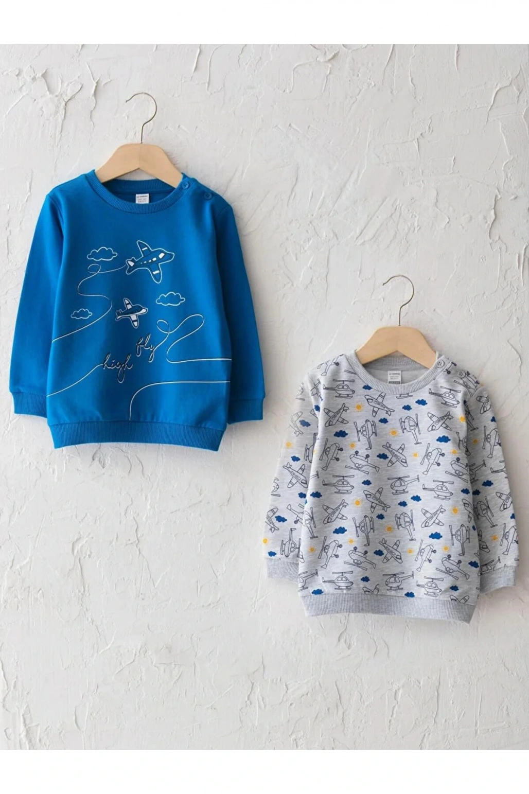 LCW baby Mavi Bisiklet Yaka Uzun Kol Baskılı Erkek Bebek Sweatshirt 2li