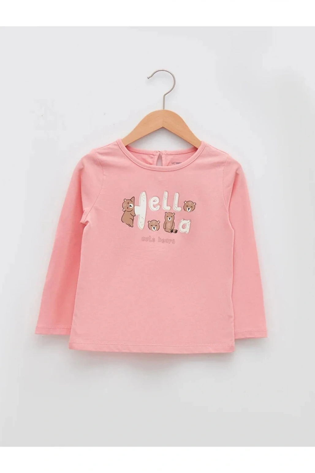 LCW baby Pembe Bisiklet Yaka Uzun Kol Baskılı Pamuklu Kız Bebek Tişört