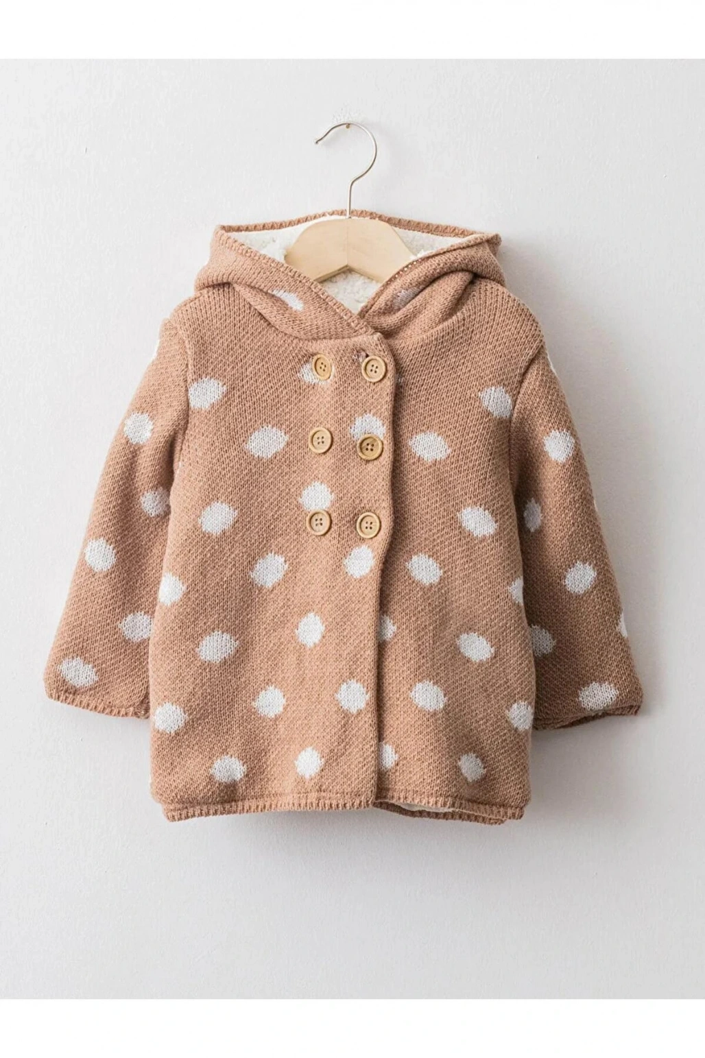 LCW babyKahverengi Kapüşonlu Uzun Kollu Puantiye Desenli Kız Bebek Triko Hırka