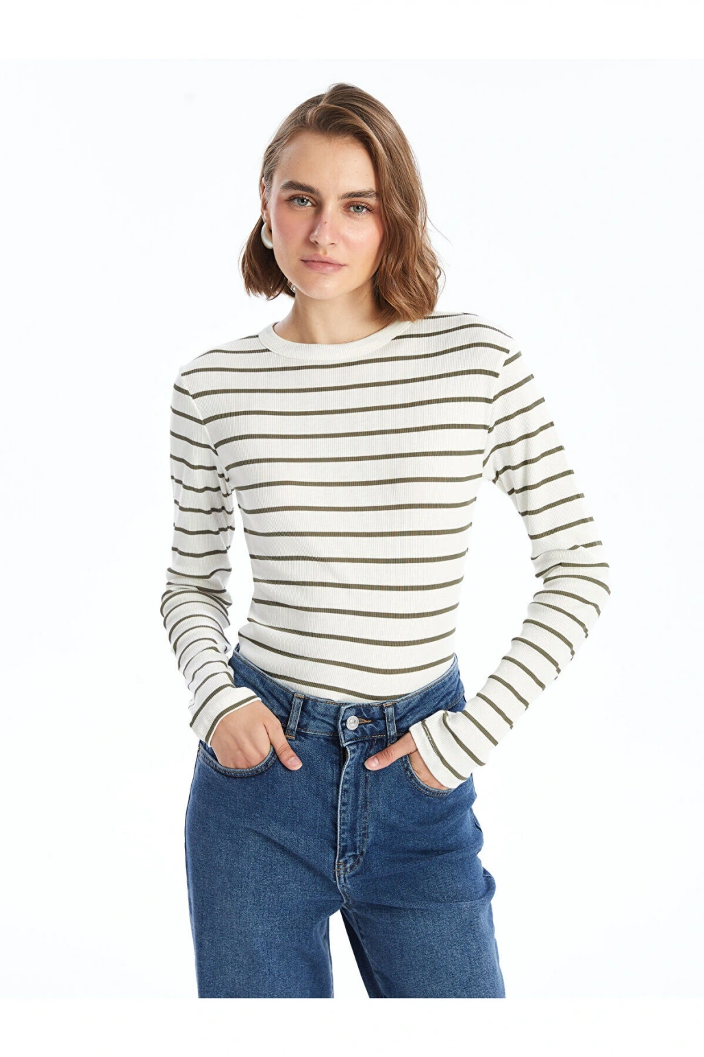 LCW Bisiklet Yaka Çizgili Uzun Kollu Kadın Body