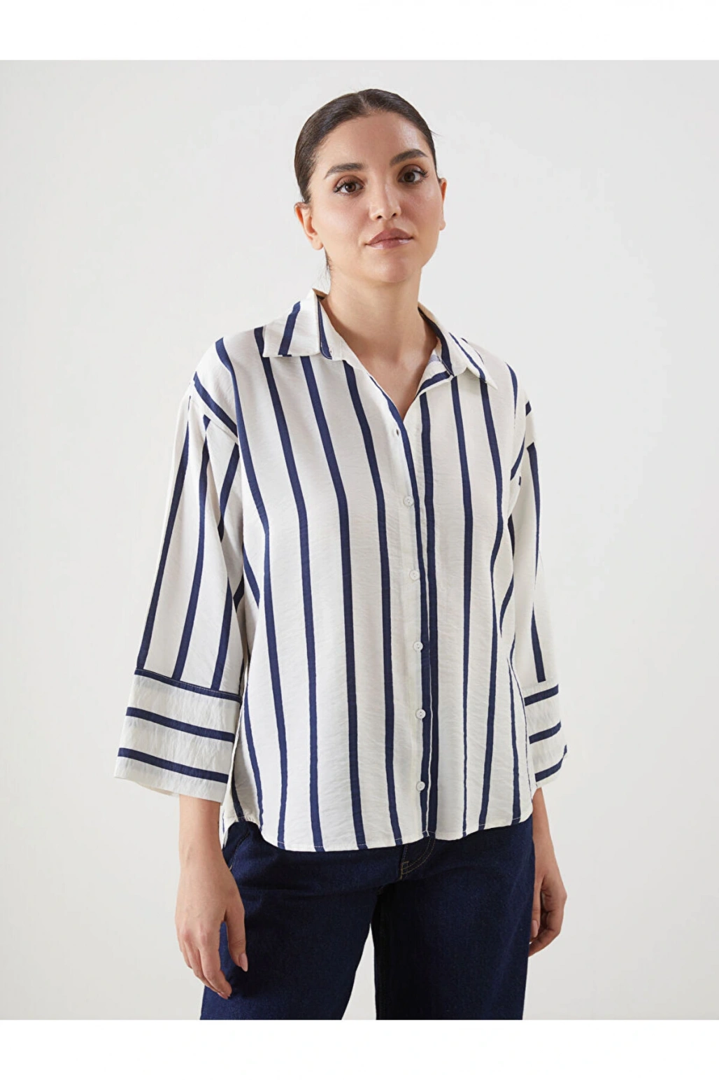 LCWAIKIKI Classic Indigo Çizgili Oversize Kadın Gömlek