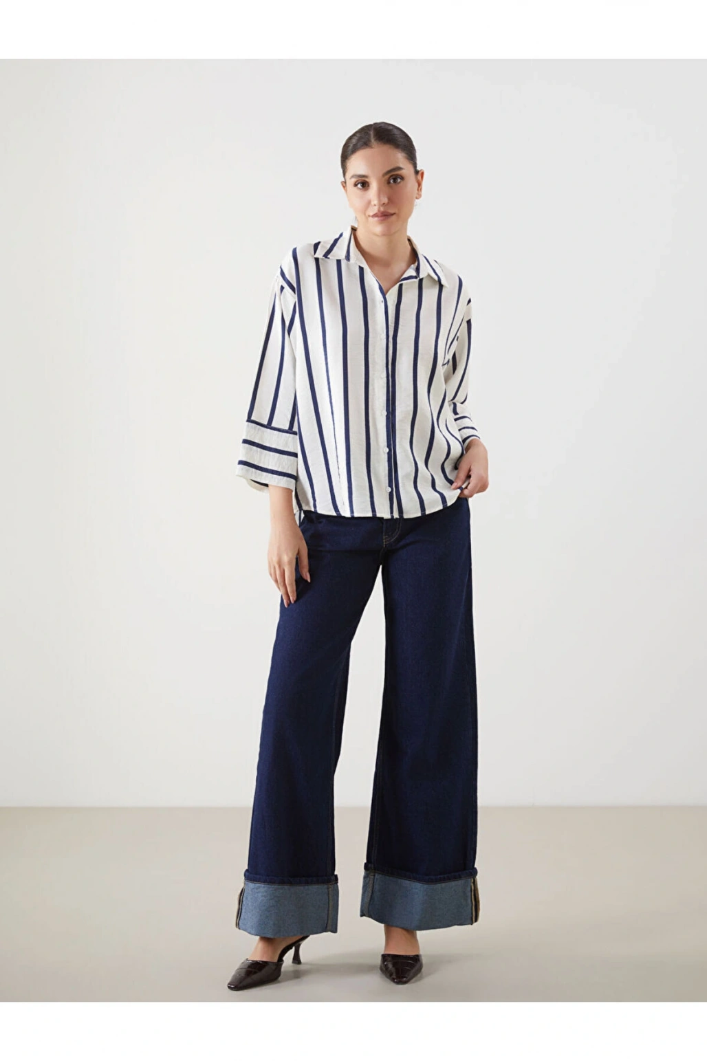 LCWAIKIKI Classic Indigo Çizgili Oversize Kadın Gömlek