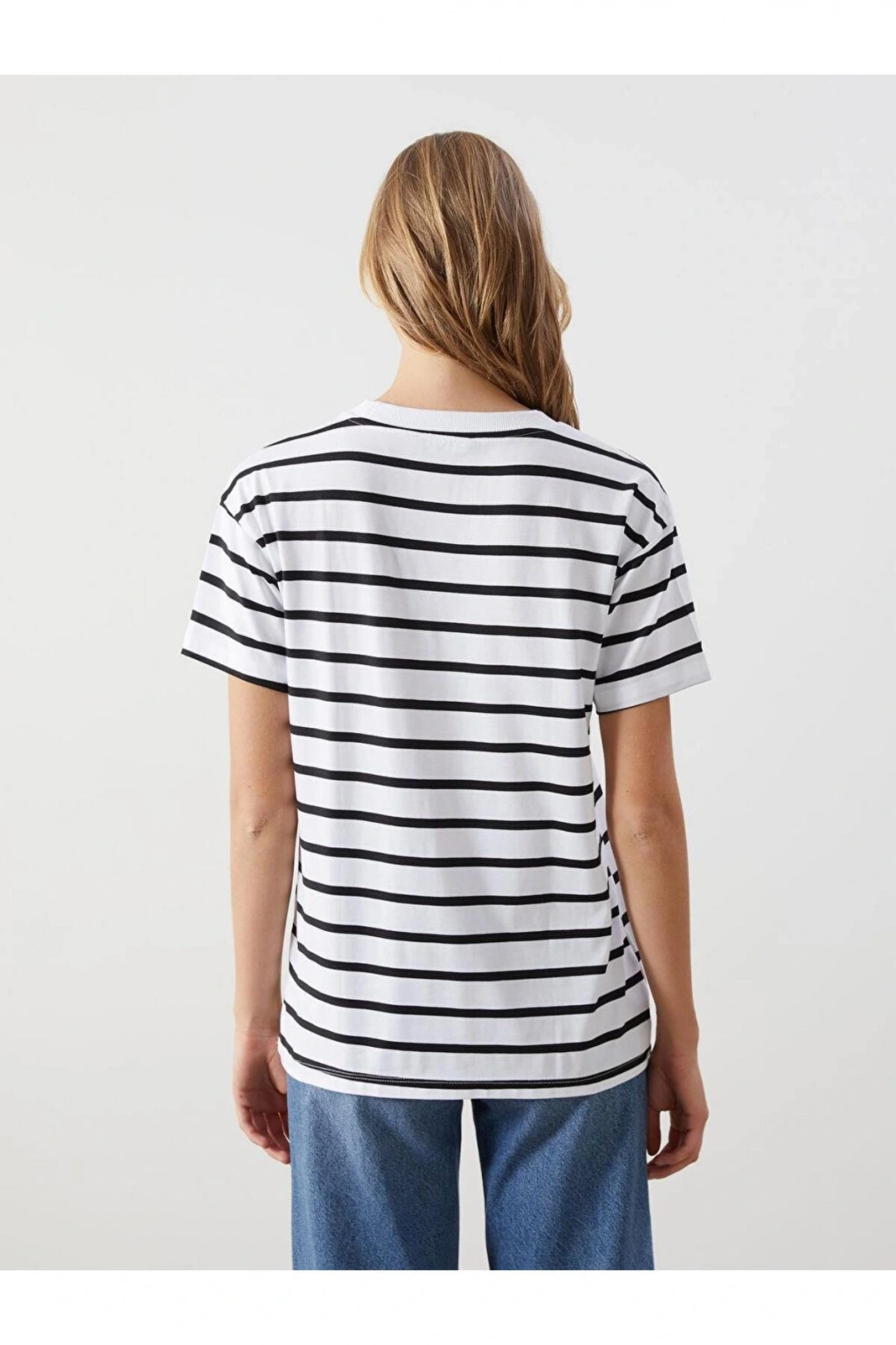 LCW Comfort Bisiklet Yaka Çizgili Kadın Tişört