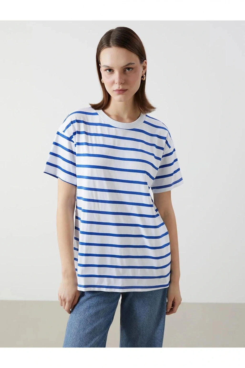 LCW Comfort Bisiklet Yaka Çizgili Kadın Tişört (S5)