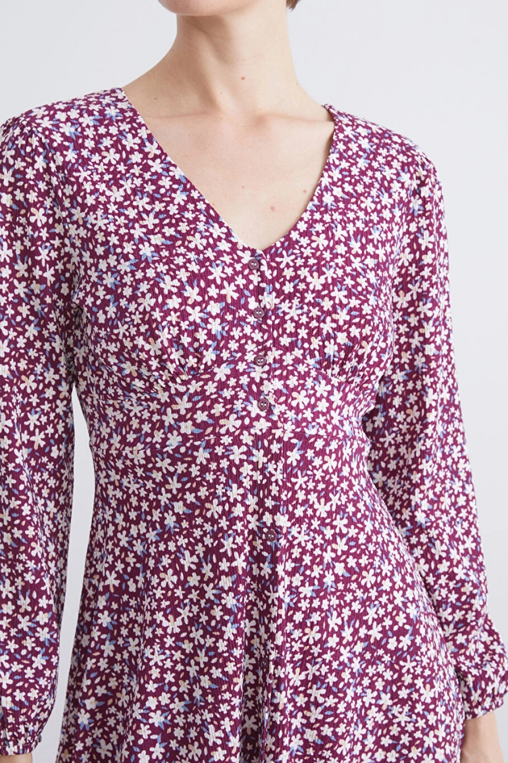 LCW Comfort Bordo V Yaka Çiçekli Mini Elbise