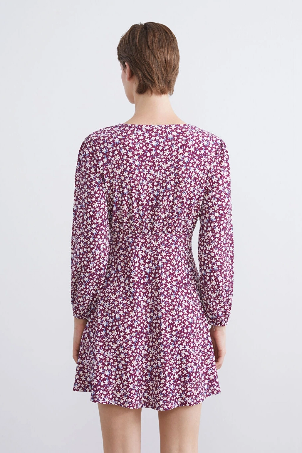 LCW Comfort Bordo V Yaka Çiçekli Mini Elbise