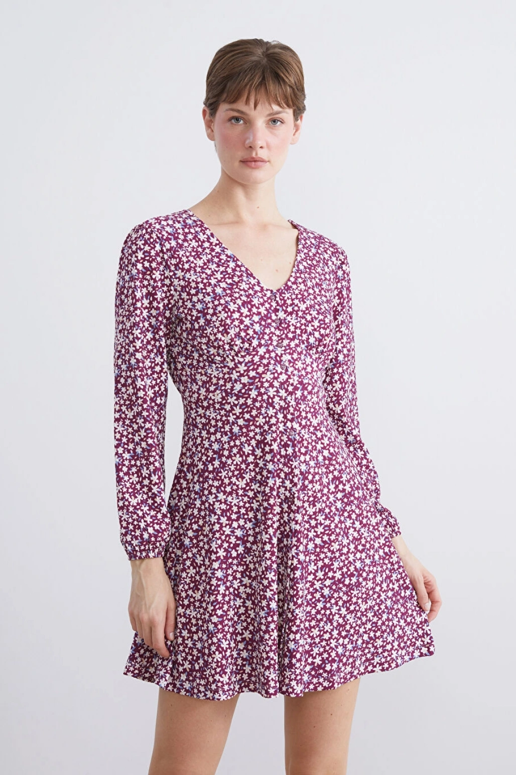 LCW Comfort Bordo V Yaka Çiçekli Mini Elbise