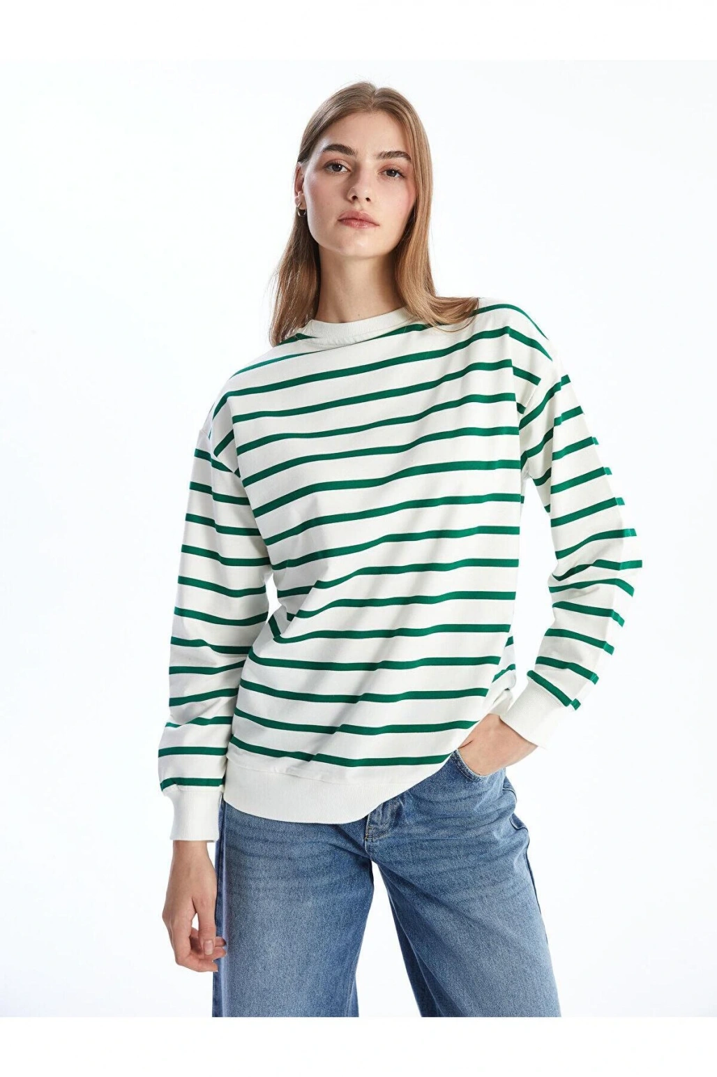 LCW Comfort Çizgili Bisiklet Yaka Çizgili Kadın Sweatshirt (W4)