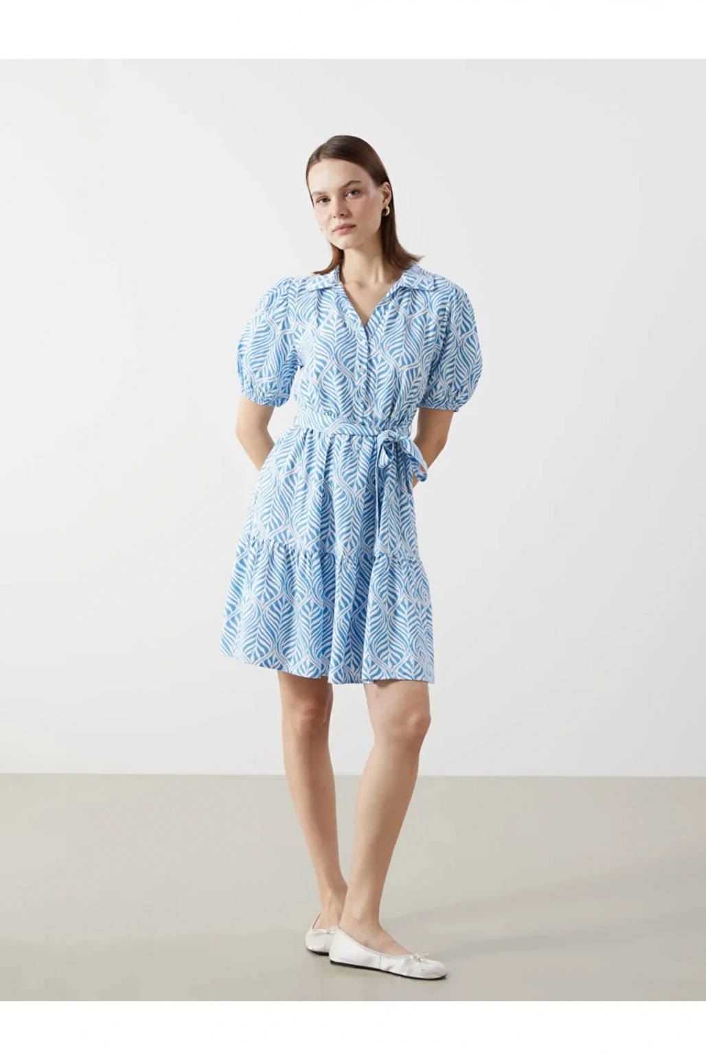 LCW Comfort İndigo Gömlek Yaka Desenli Kadın Elbise