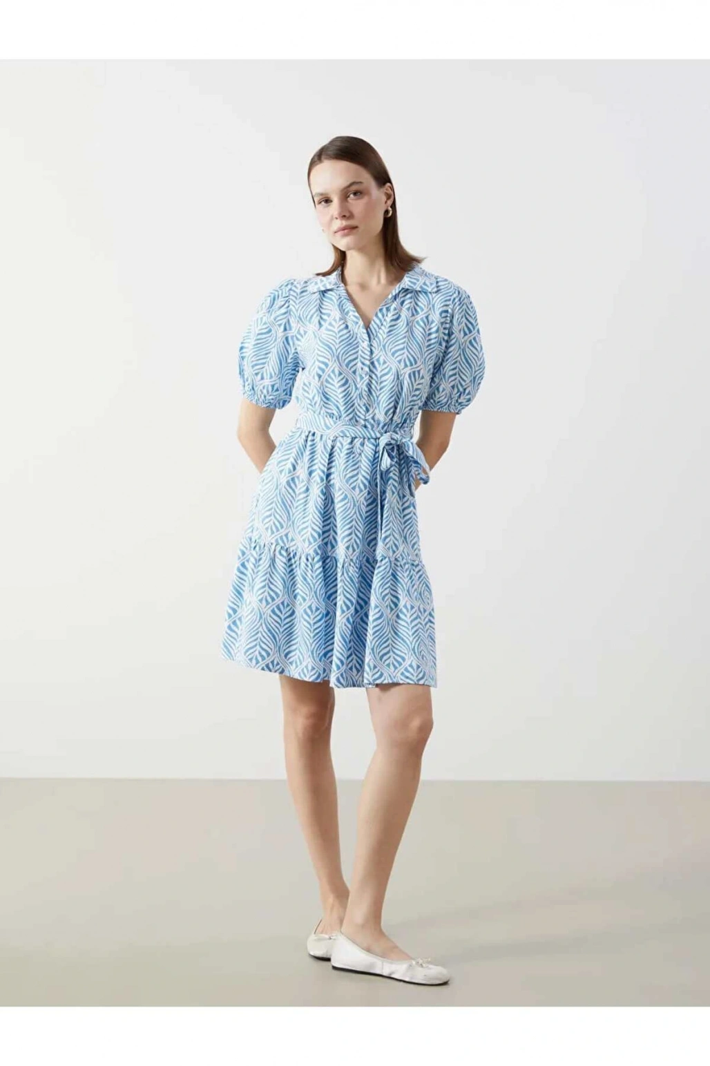 LCW Comfort Indigo Gömlek Yaka Desenli Kadın Elbise