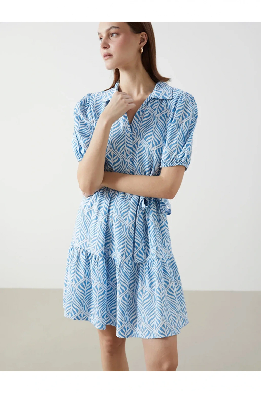 LCW Comfort İndigo Gömlek Yaka Desenli Kadın Elbise