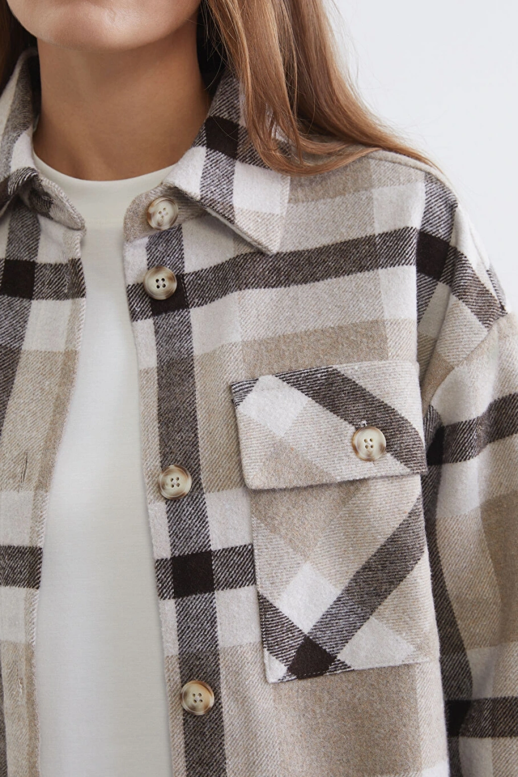 LCW Comfort Kahverengi Ekose Oversize Kadın Gömlek