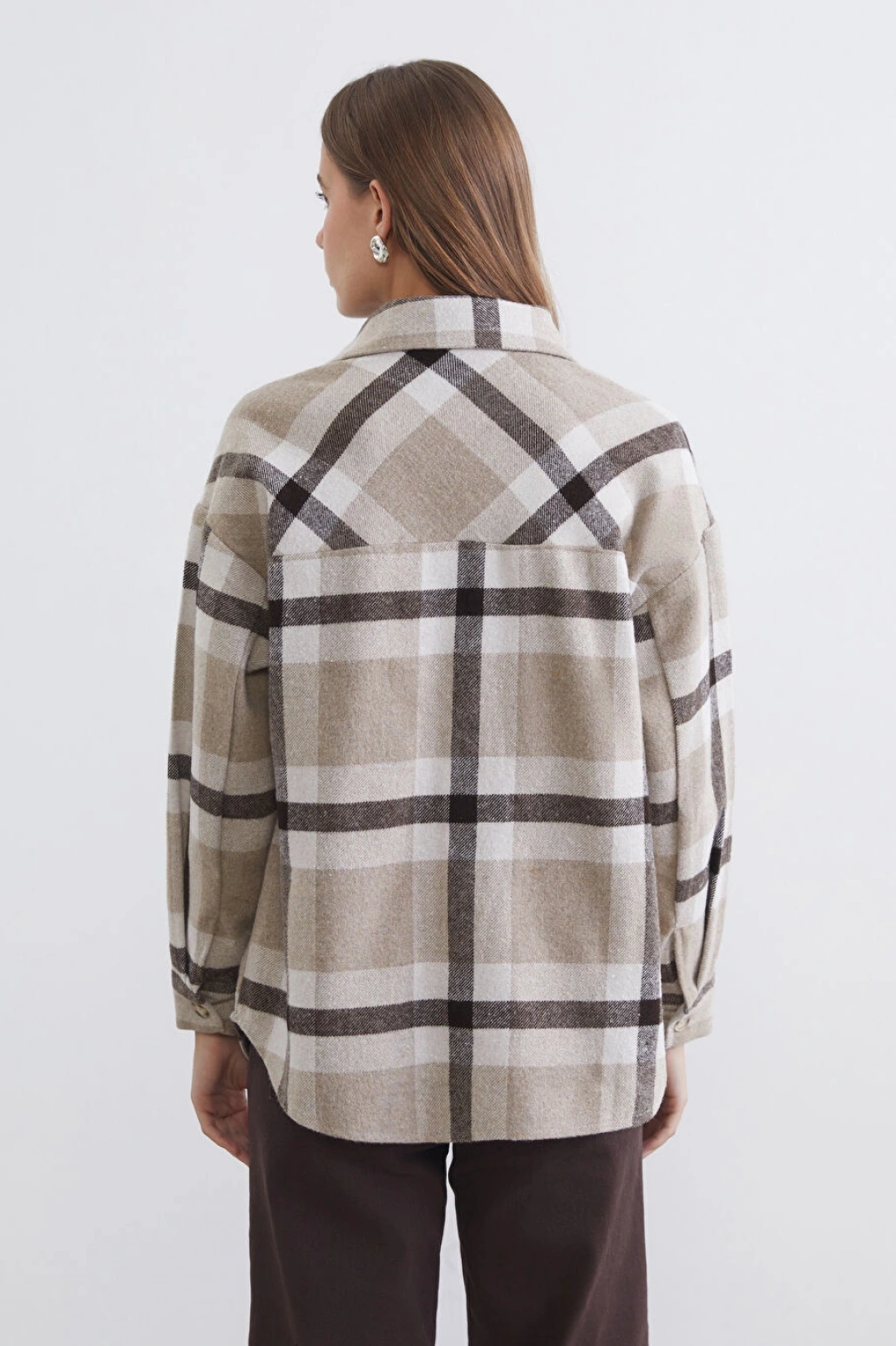 LCW Comfort Kahverengi Ekose Oversize Kadın Gömlek