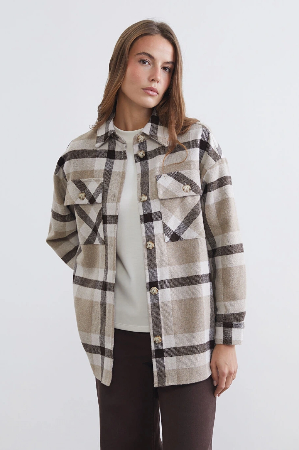 LCW Comfort Kahverengi Ekose Oversize Kadın Gömlek