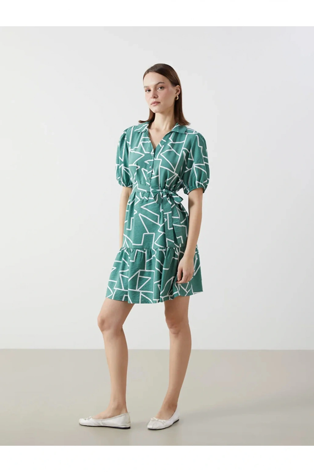 LCW Comfort Yeşil Gömlek Yaka Desenli Kadın Elbise