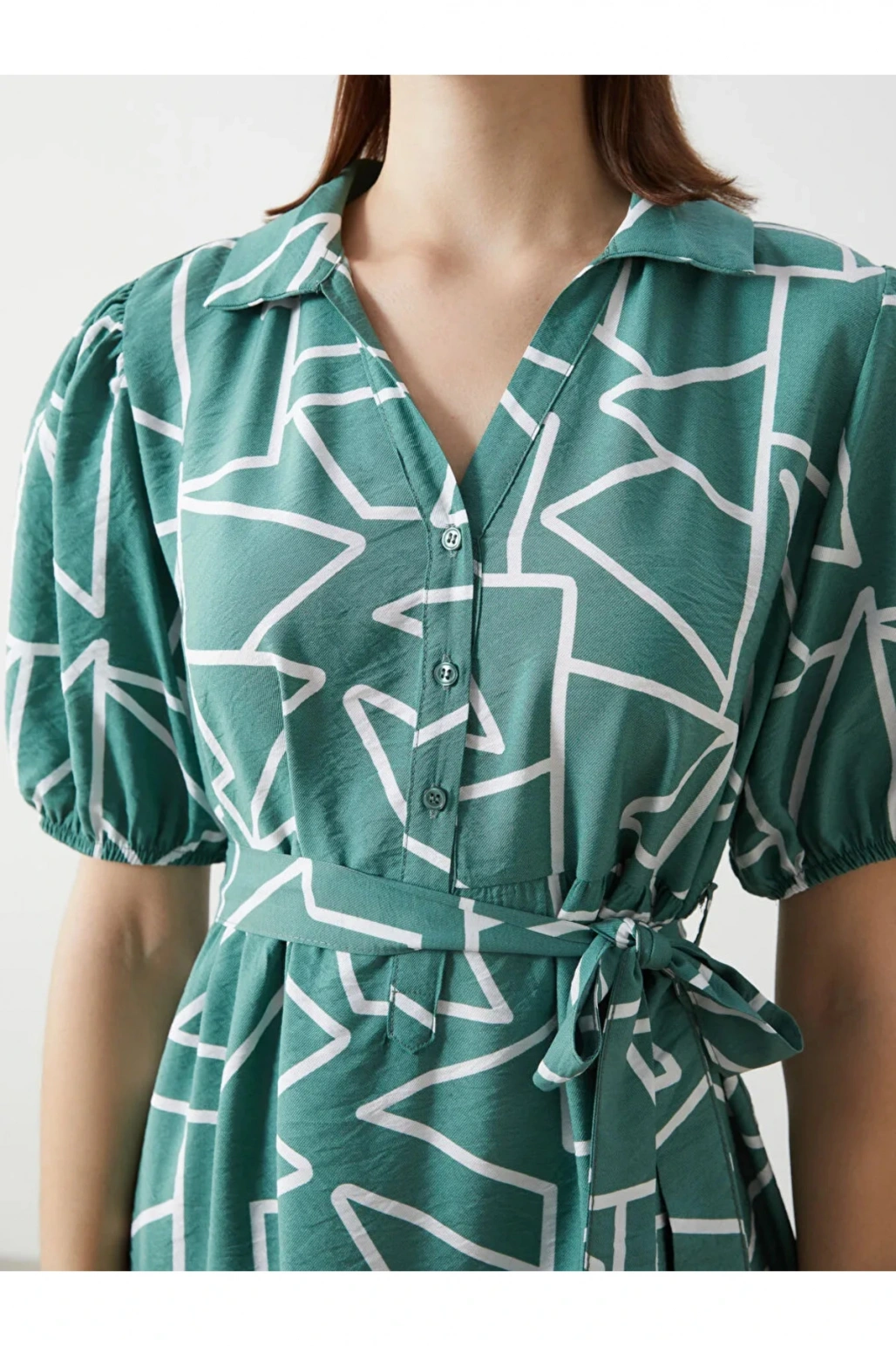 LCW Comfort Yeşil Gömlek Yaka Desenli Kadın Elbise