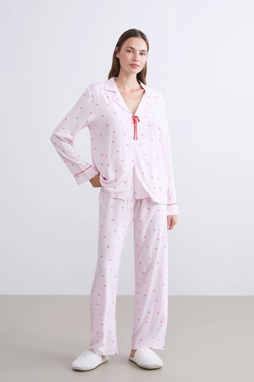 LCW DREAM Pembe Gömlek Yaka Bağlama Detaylı Kadın Pijama Takımı