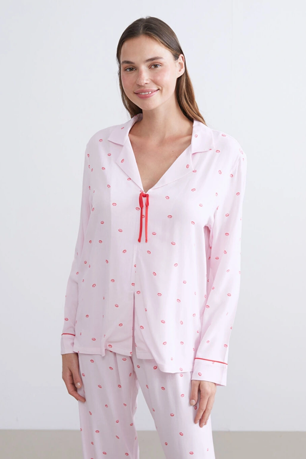 LCW DREAM Pembe Gömlek Yaka Bağlama Detaylı Kadın Pijama Takımı