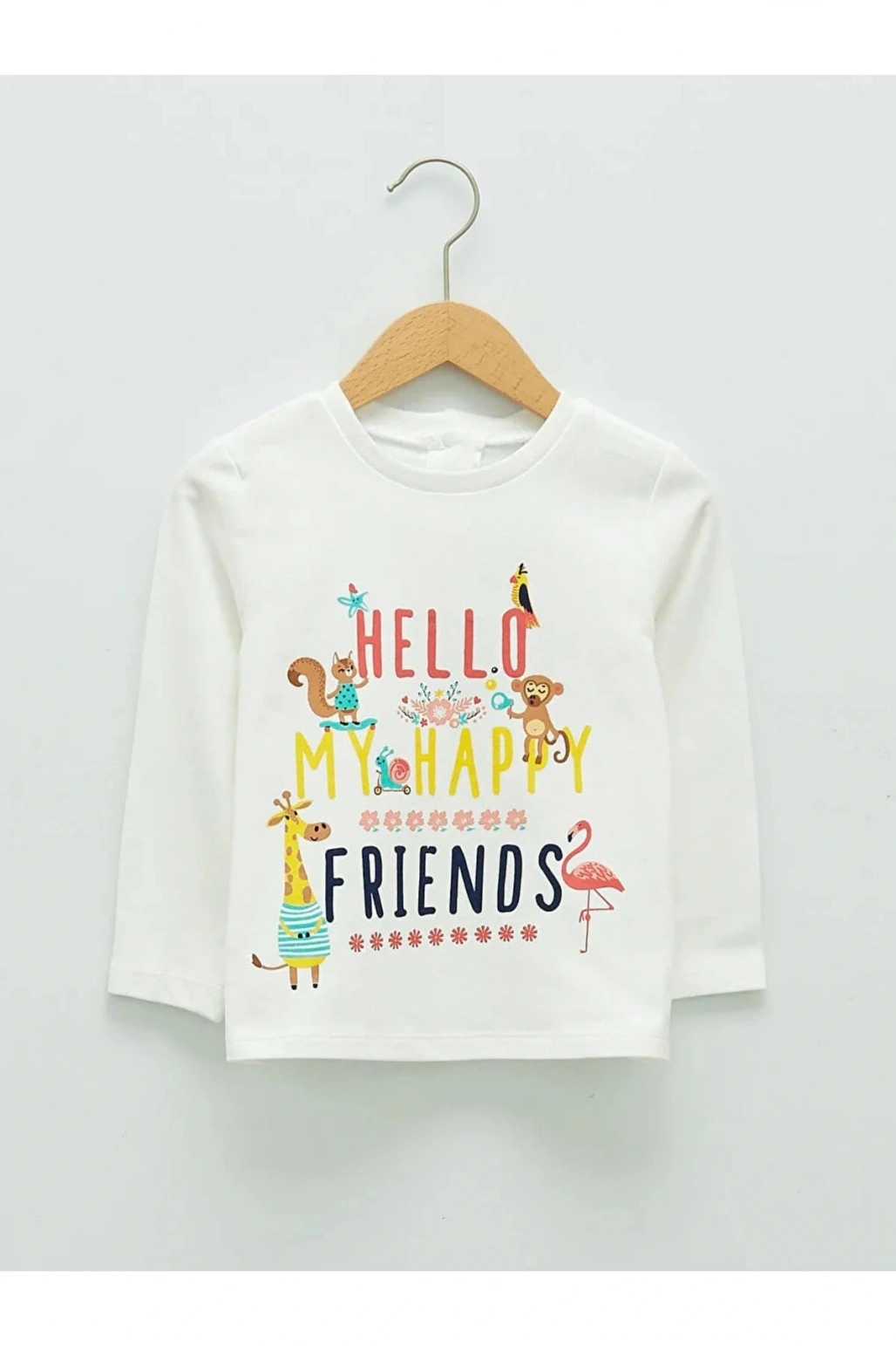 LCW ECO Beyaz Bisiklet Yaka Uzun Kol Baskılı Kız Bebek Tişört