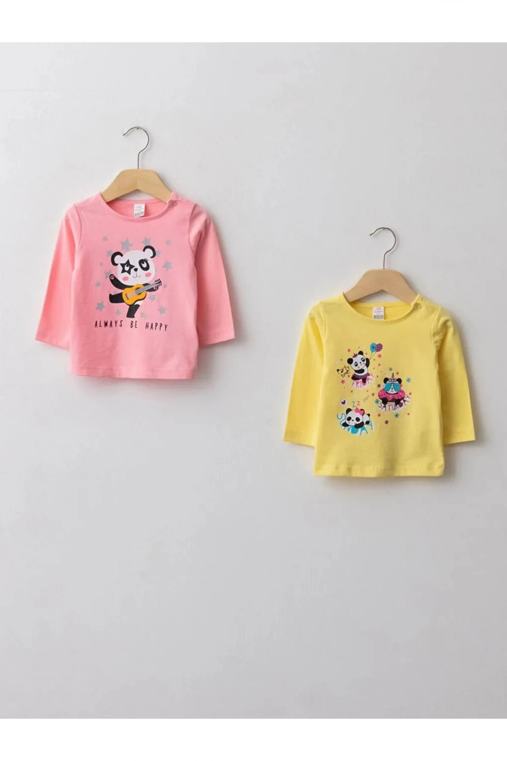 LCW ECO Pembe Bisiklet Yaka Uzun Kollu Baskılı Pamuklu Kız Bebek Tişört 2li