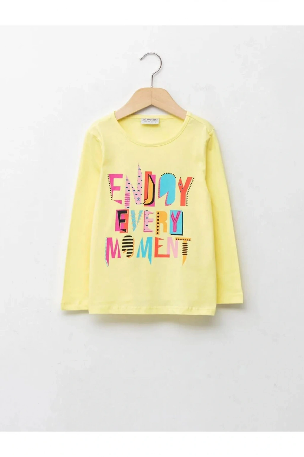 LCW ECO Sarı Bisiklet Yaka Baskılı Uzun Kollu Kız Çocuk Tişört