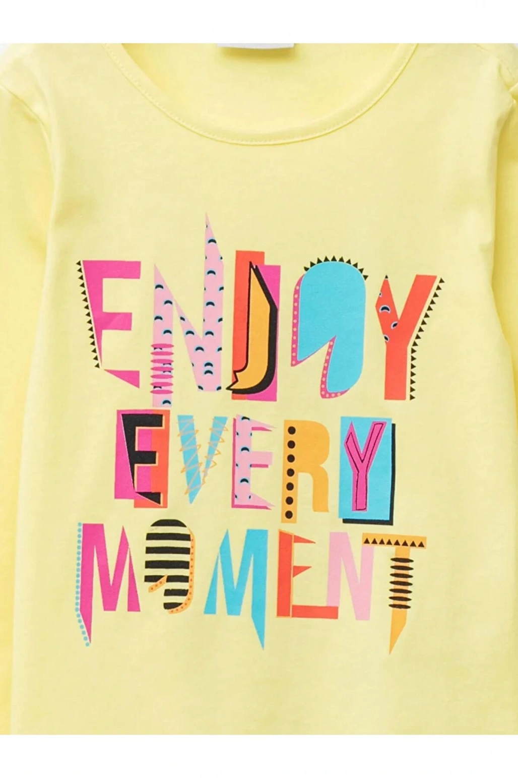 LCW ECO Sarı Bisiklet Yaka Baskılı Uzun Kollu Kız Çocuk Tişört