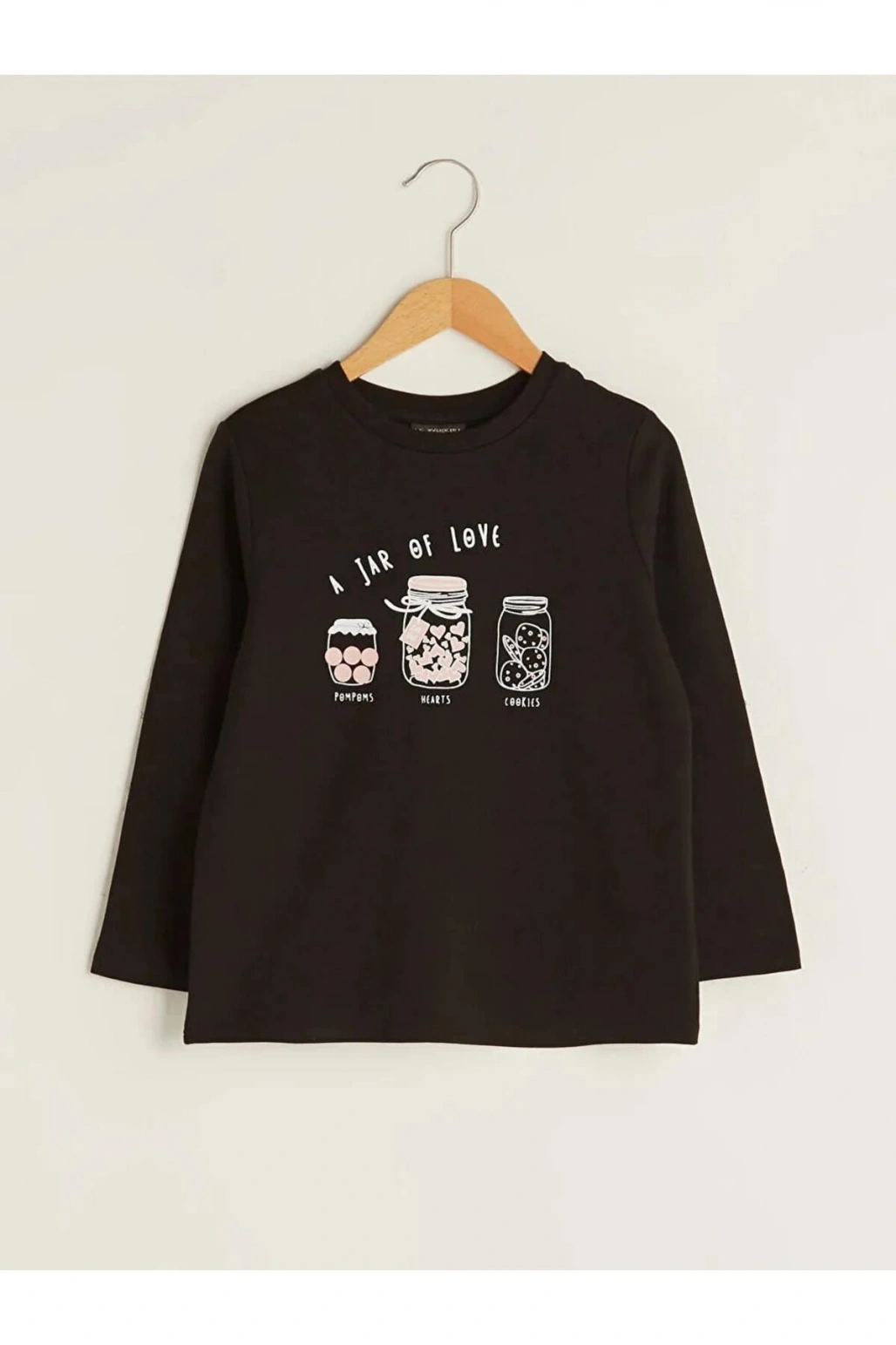 LCW ECO Siyah Bisiklet Yaka Baskılı Uzun Kollu Kız Çocuk Tişört