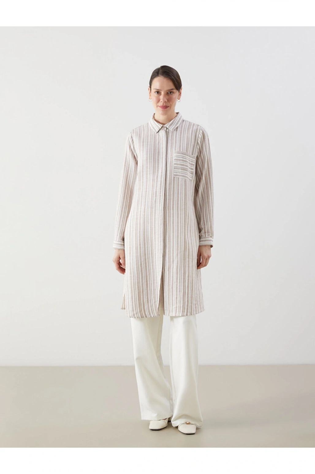 LCW Grace Bej Çizgili Keten Görünümlü Kadın Gömlek Tunik