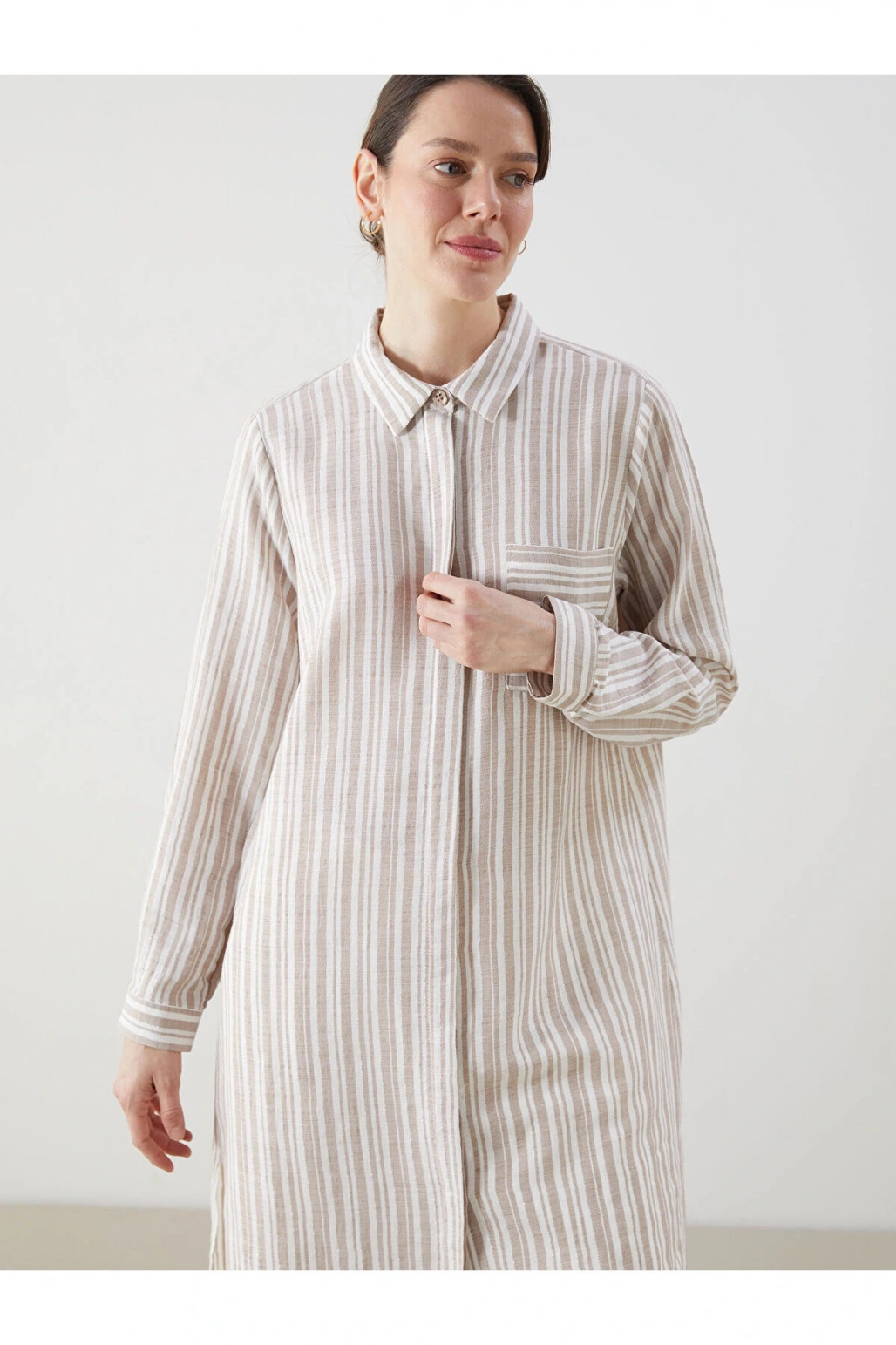 LCW Grace Bej Çizgili Keten Görünümlü Kadın Gömlek Tunik