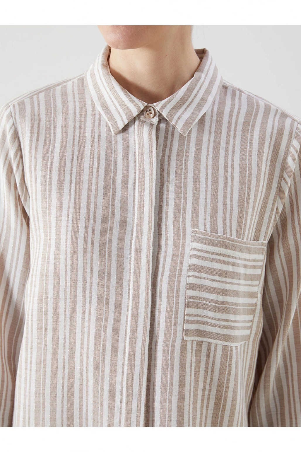 LCW Grace Bej Çizgili Keten Görünümlü Kadın Gömlek Tunik