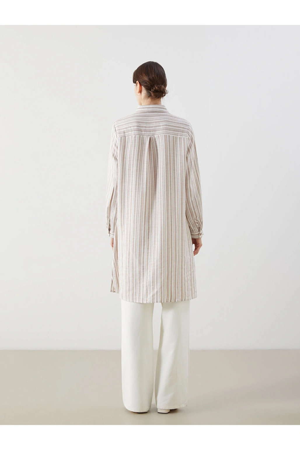 LCW Grace Bej Çizgili Keten Görünümlü Kadın Gömlek Tunik