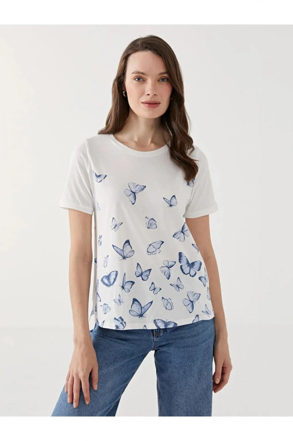 LCW Grace Beyaz Bisiklet Yaka Baskılı Kadın Tişört