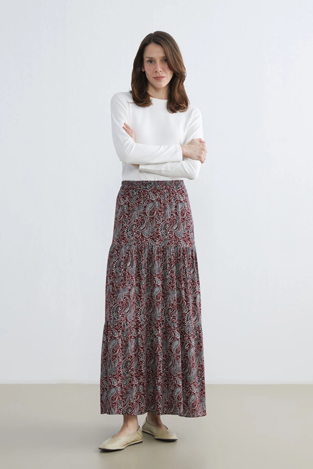 LCW Grace Bordo Beli Lastikli Desenli Etek