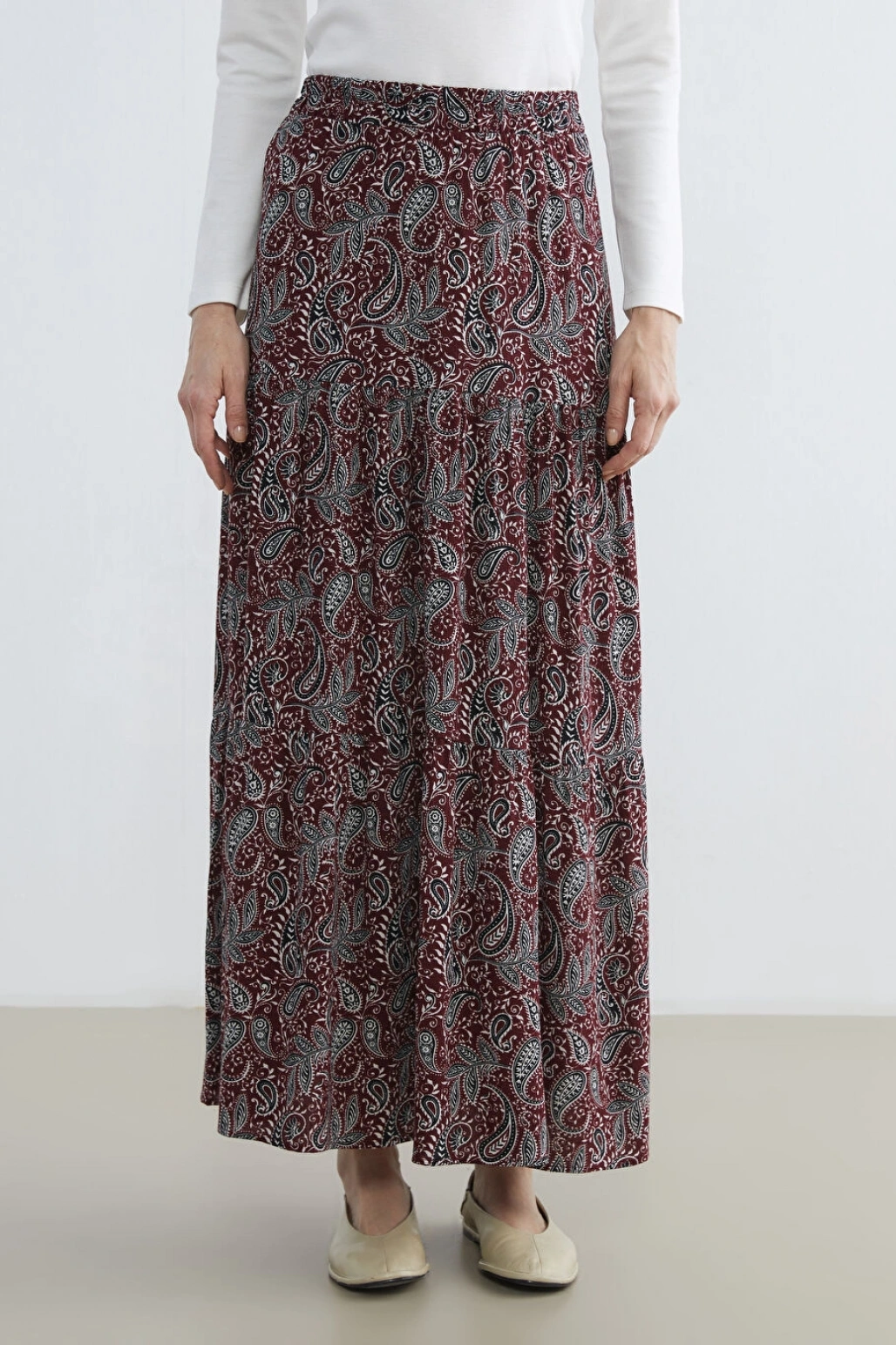 LCW Grace Bordo Beli Lastikli Desenli Etek