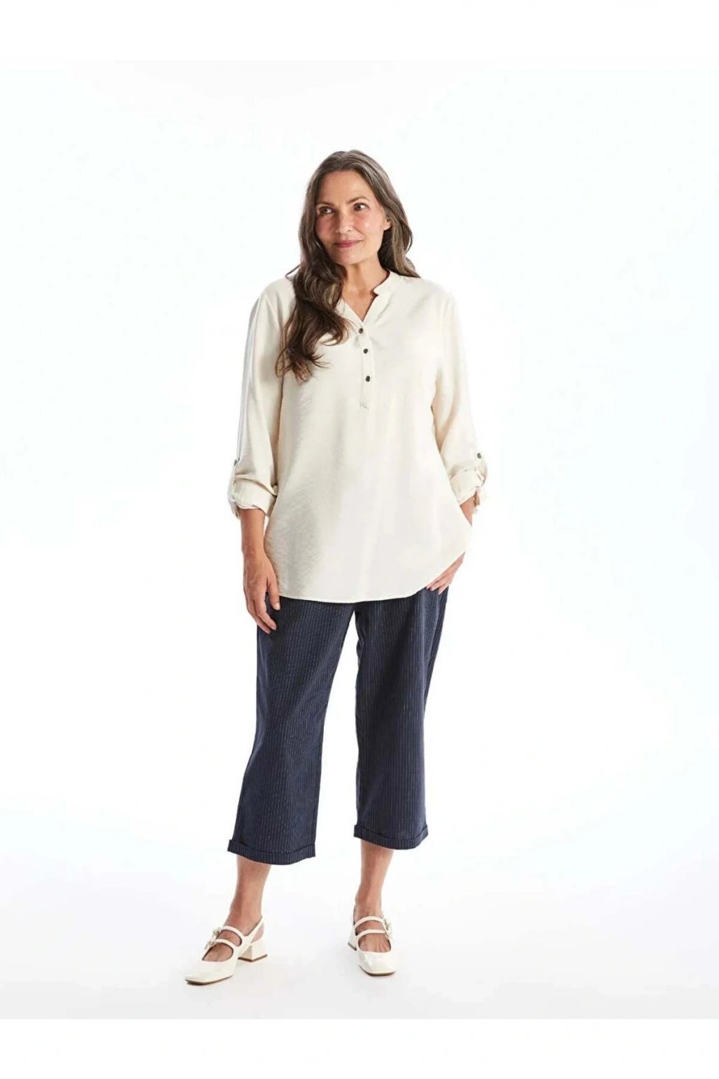 LCW Grace Gri Kaçık Yaka Düz Uzun Kollu Kadın Bluz