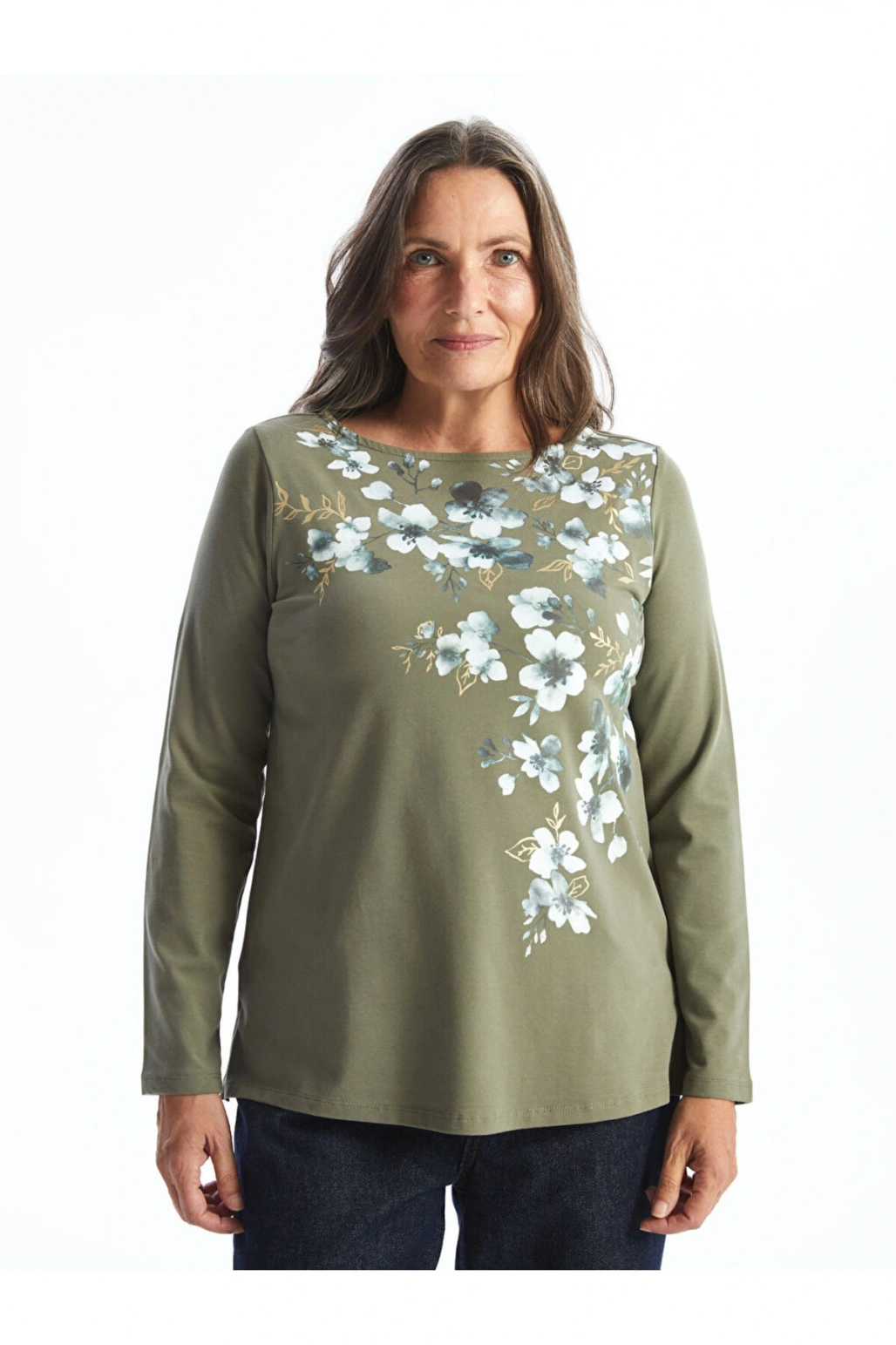 LCW Grace Haki Bisiklet Yaka Çiçekli Kadın Tişört