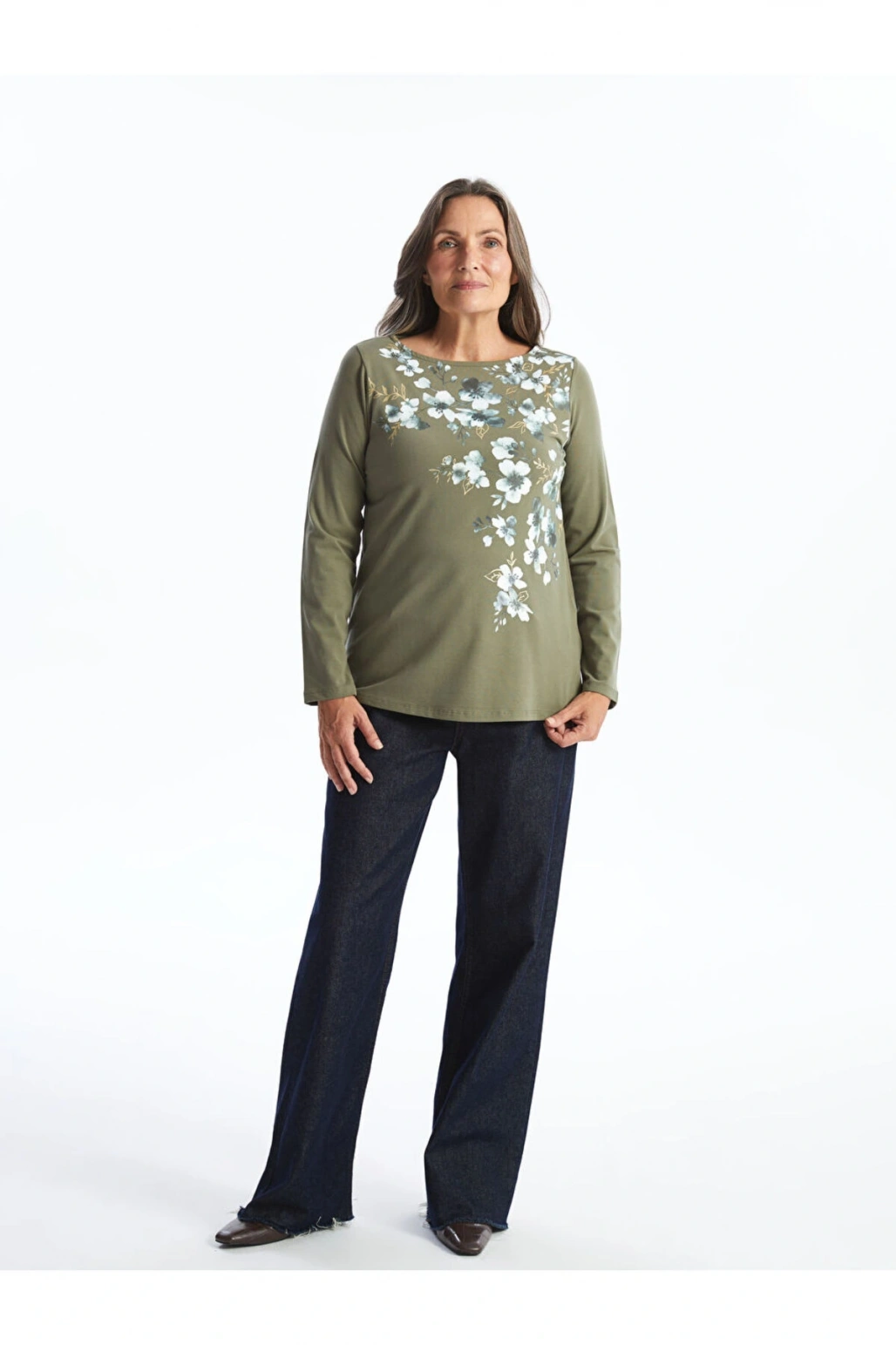LCW Grace Haki Bisiklet Yaka Çiçekli Kadın Tişört