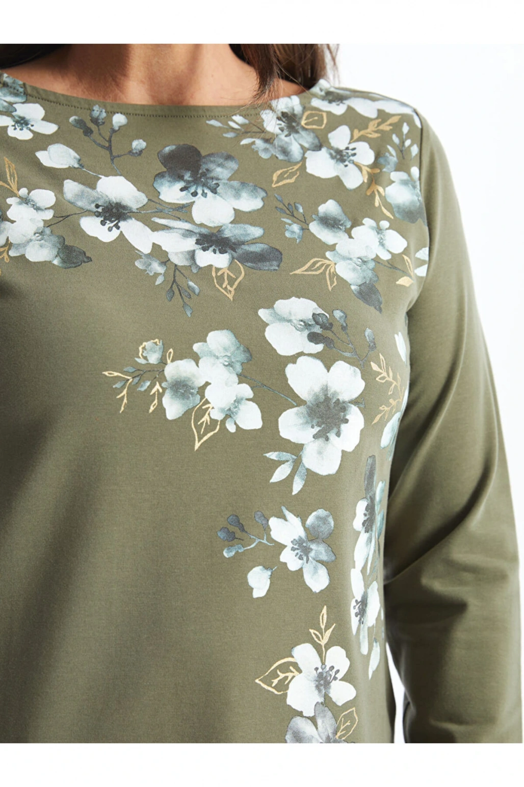 LCW Grace Haki Bisiklet Yaka Çiçekli Kadın Tişört