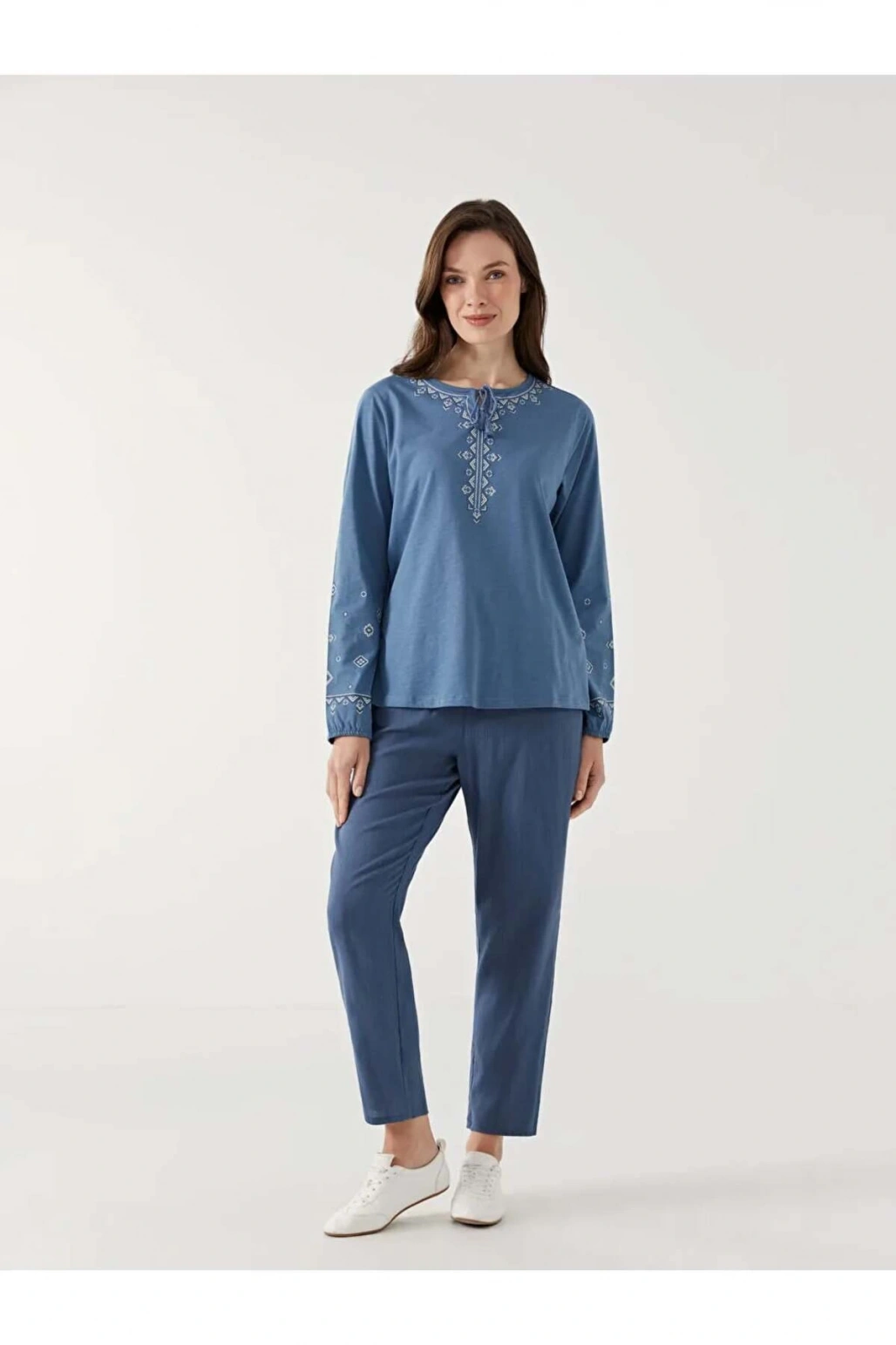 LCW Grace İndigo Bağlamalı Yaka Desenli Kadın Bluz