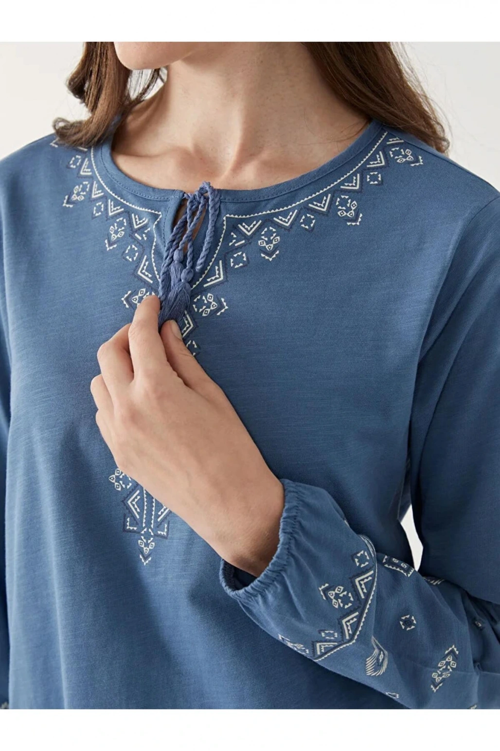 LCW Grace İndigo Bağlamalı Yaka Desenli Kadın Bluz