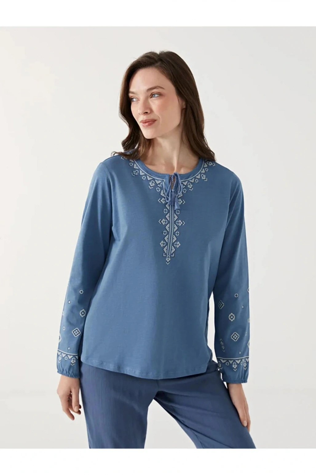 LCW Grace İndigo Bağlamalı Yaka Desenli Kadın Bluz