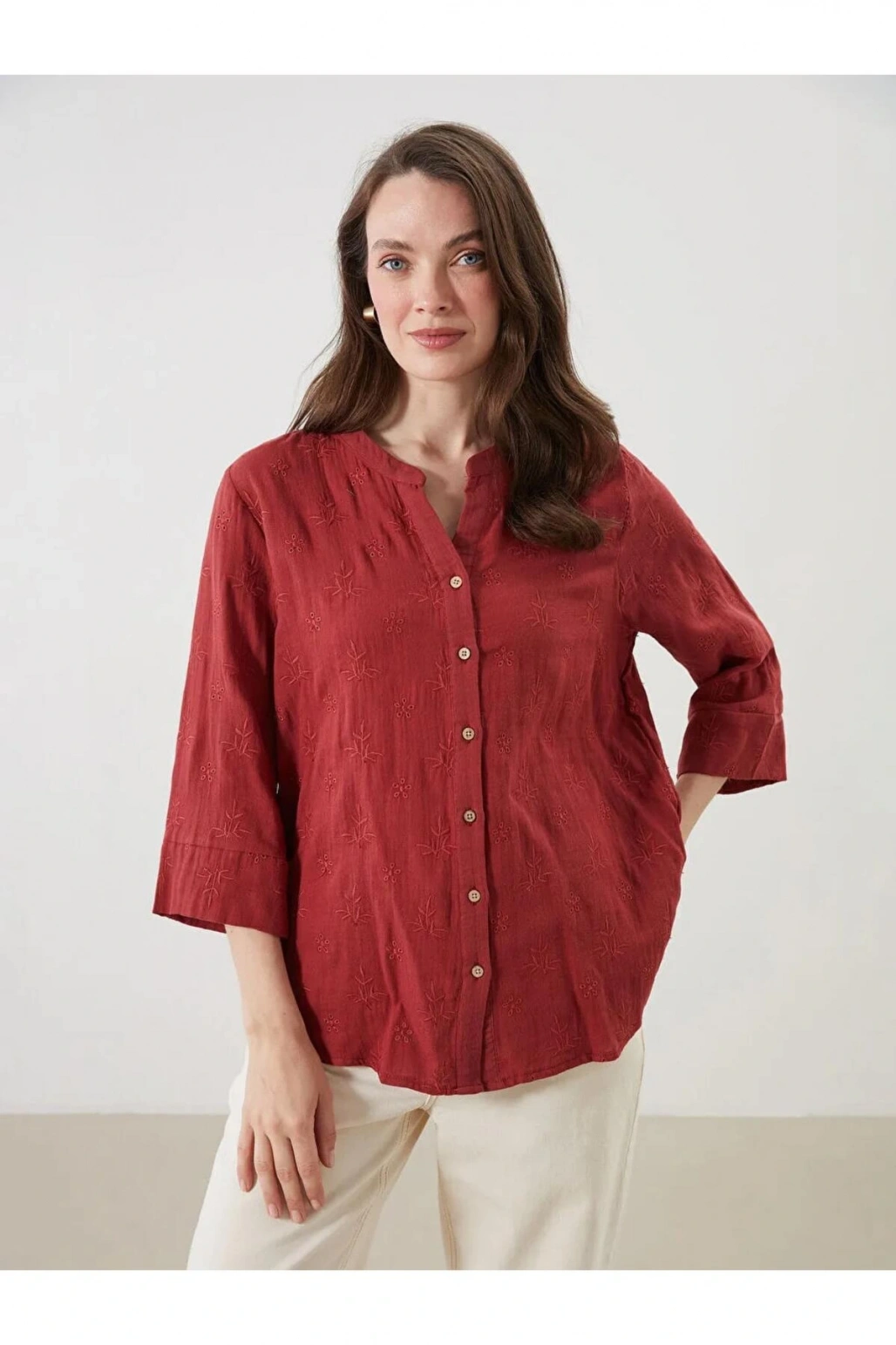 LCW Grace KİREMİT Kaçık Yaka Ajurlu Brode Kadın Gömlek