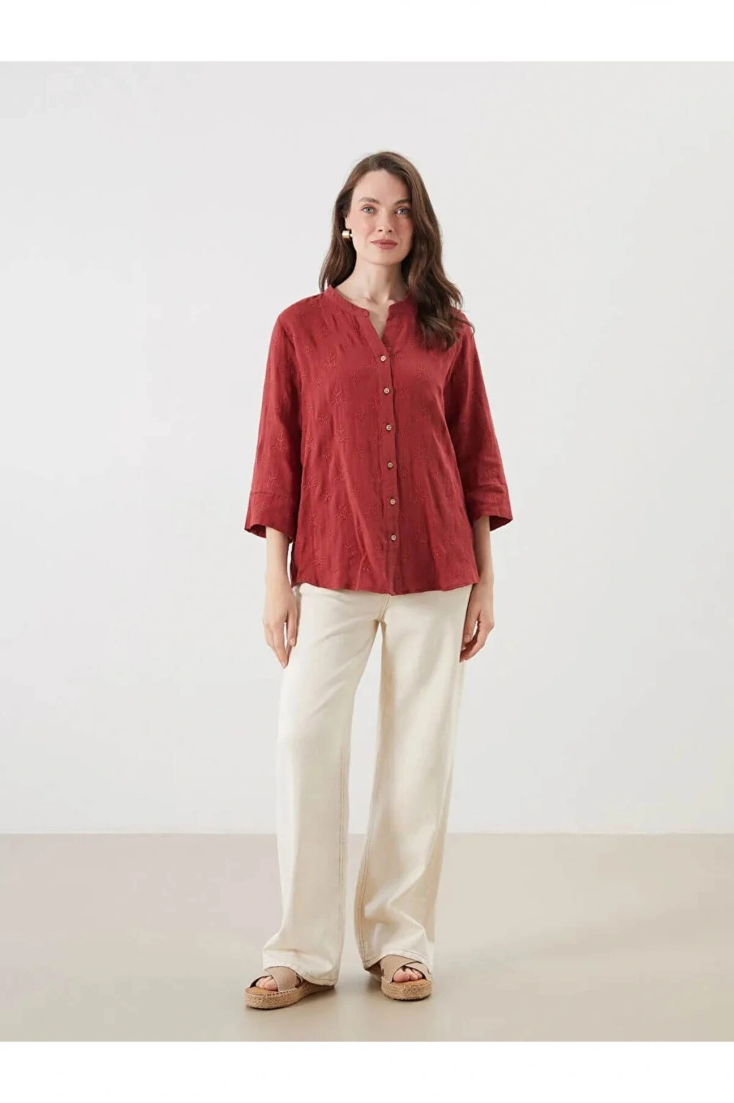 LCW Grace KİREMİT Kaçık Yaka Ajurlu Brode Kadın Gömlek